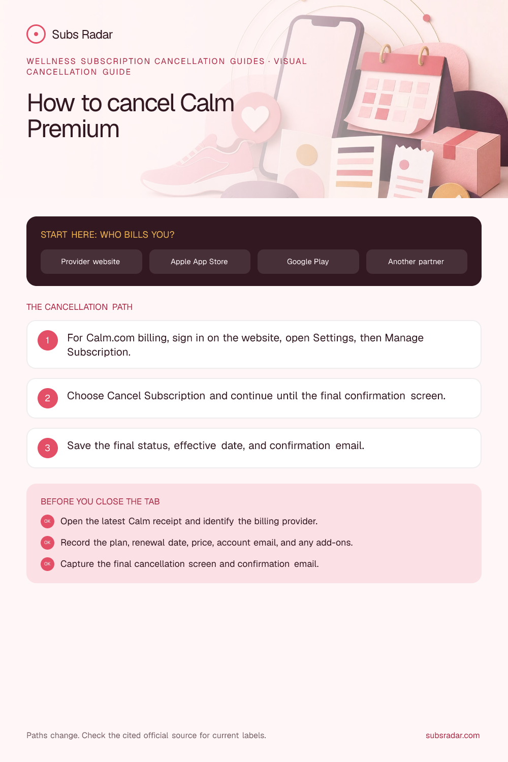 How to cancel Calm Premium: billing paths, cancellation steps, and confirmation checklist