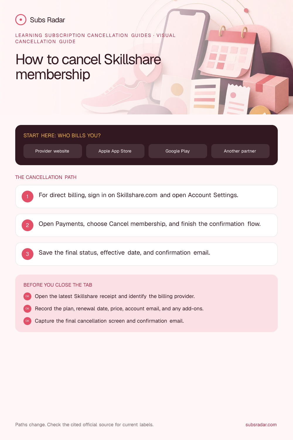 How to cancel Skillshare membership: billing paths, cancellation steps, and confirmation checklist