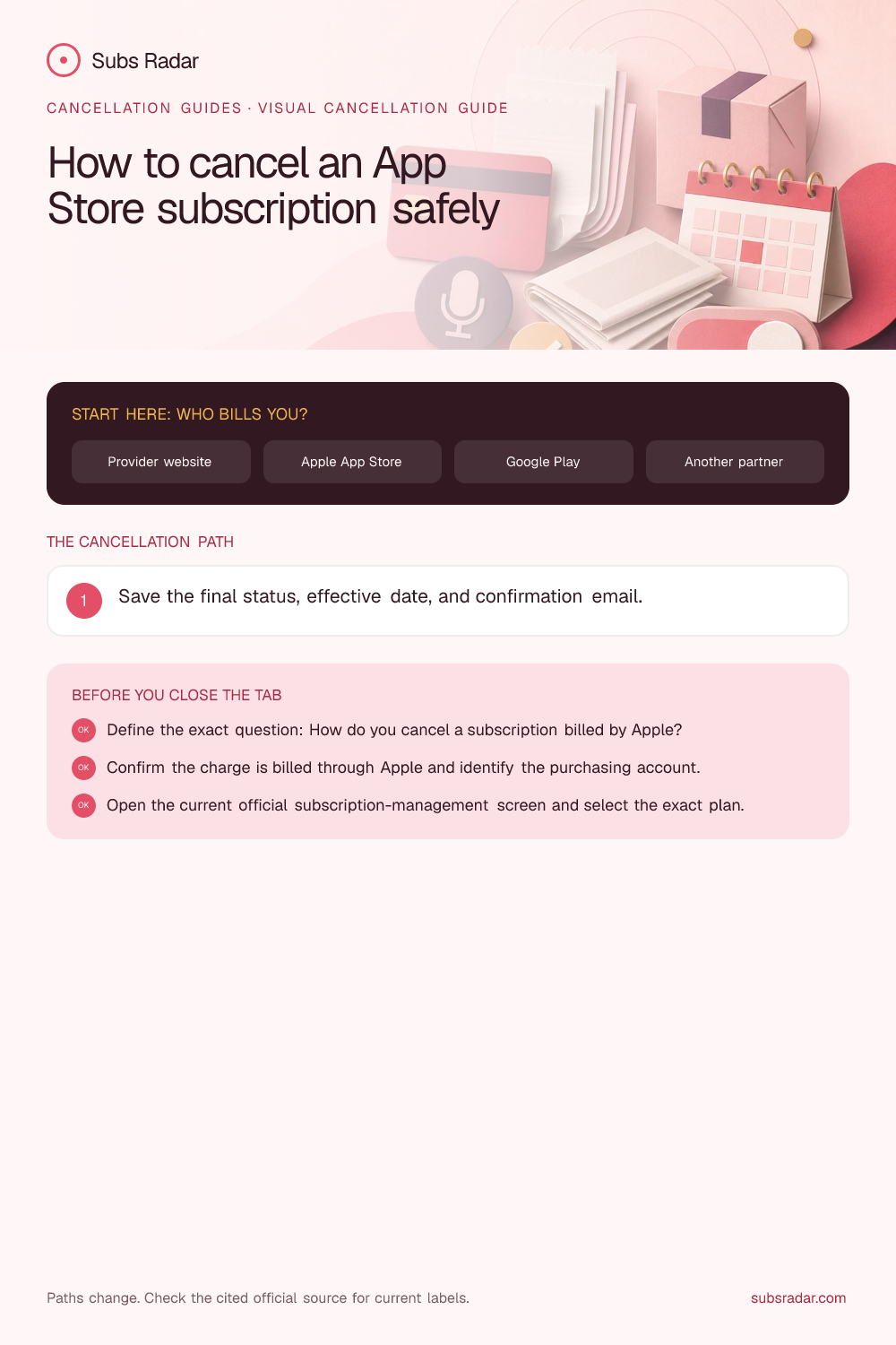 How to cancel an App Store subscription safely: billing paths, cancellation steps, and confirmation checklist