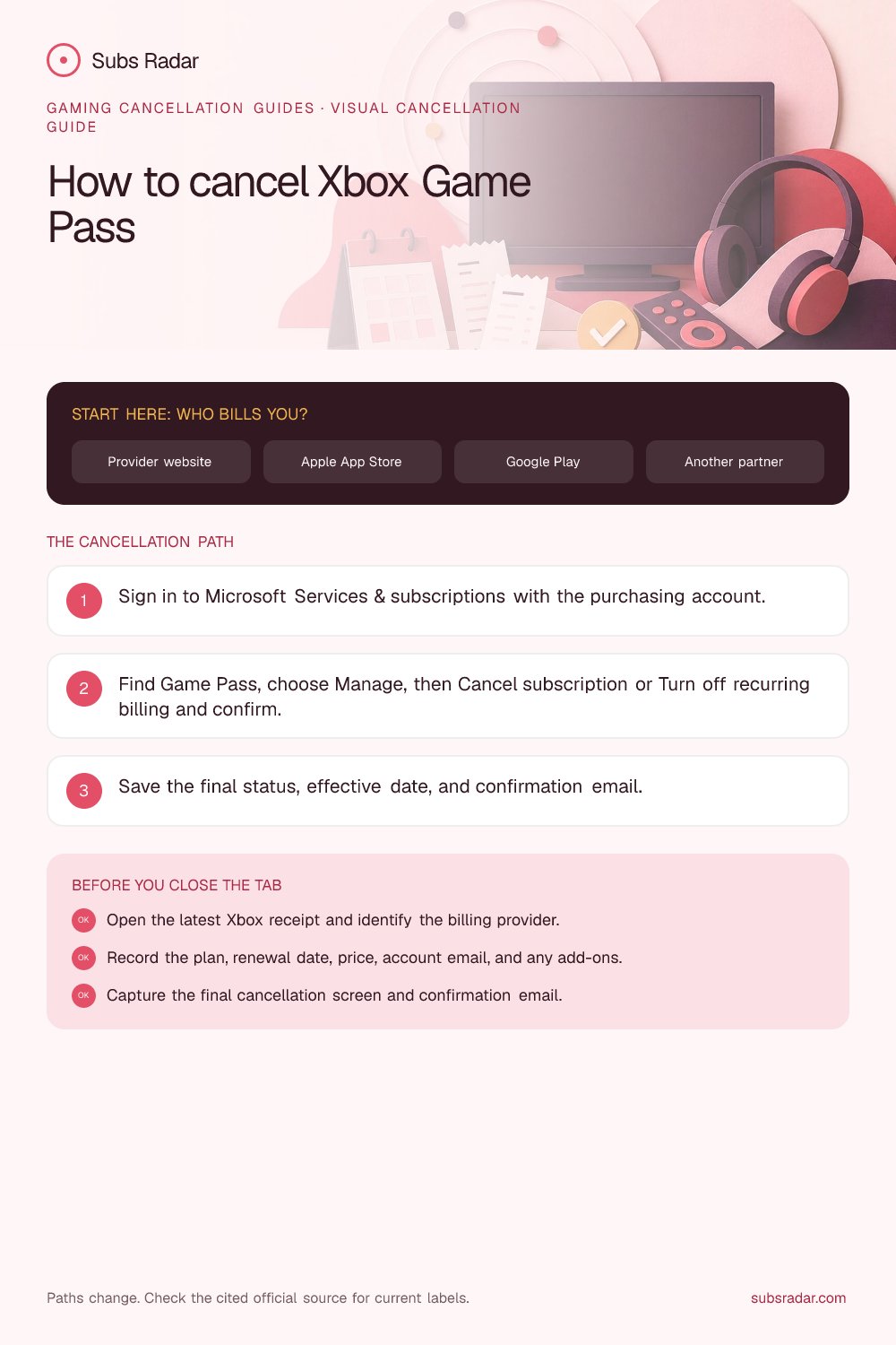 How to cancel Xbox Game Pass: billing paths, cancellation steps, and confirmation checklist